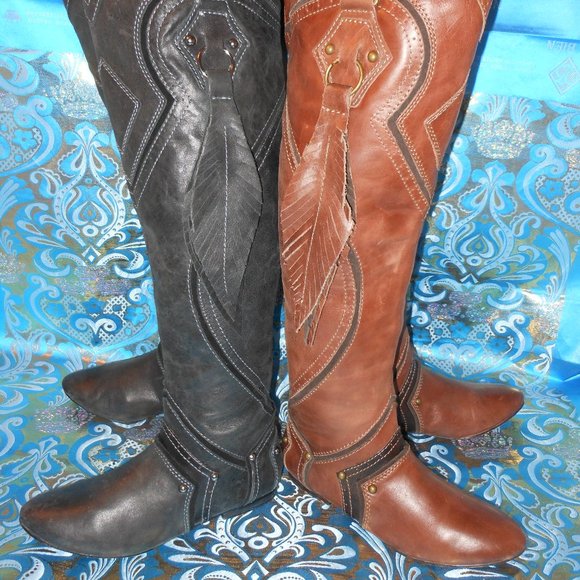 ZIGINY TAN AND BLACK LEATHER KNEE HIGH BOOT LOT SIZE 6.5 MEDIUM - Picture 15 of 16